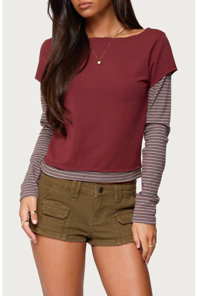 Layered Stretch-Cotton T-Shirt, Main, color, BURGUNDY