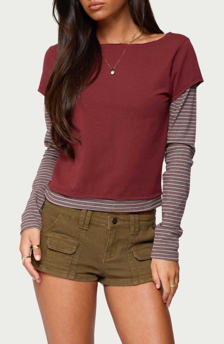 EDIKTED Layered Stretch-Cotton T-Shirt, Main, color, Burgundy