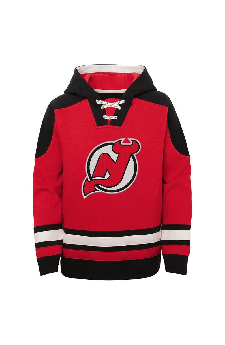 Outerstuff Youth Jack Hughes Red New Jersey Devils Ageless Must-Have V-Neck Name & Number Pullover Hoodie, Alternate, color, Red