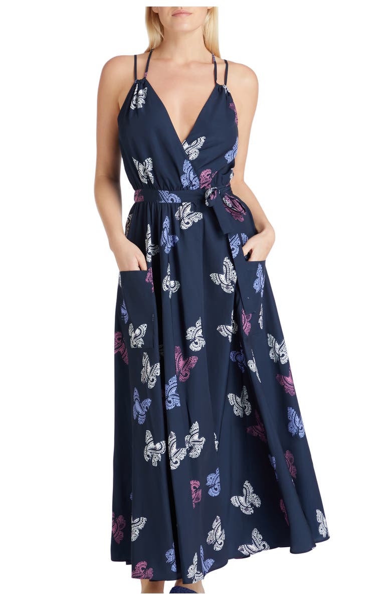 VALIMARE Amelia Maxi Wrap Crepe de Chine Cover-up Dress, Main, color, Navy Blue