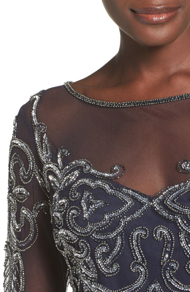 Pisarro Nights Beaded Mesh Sheath Dress, Alternate, color, Navy