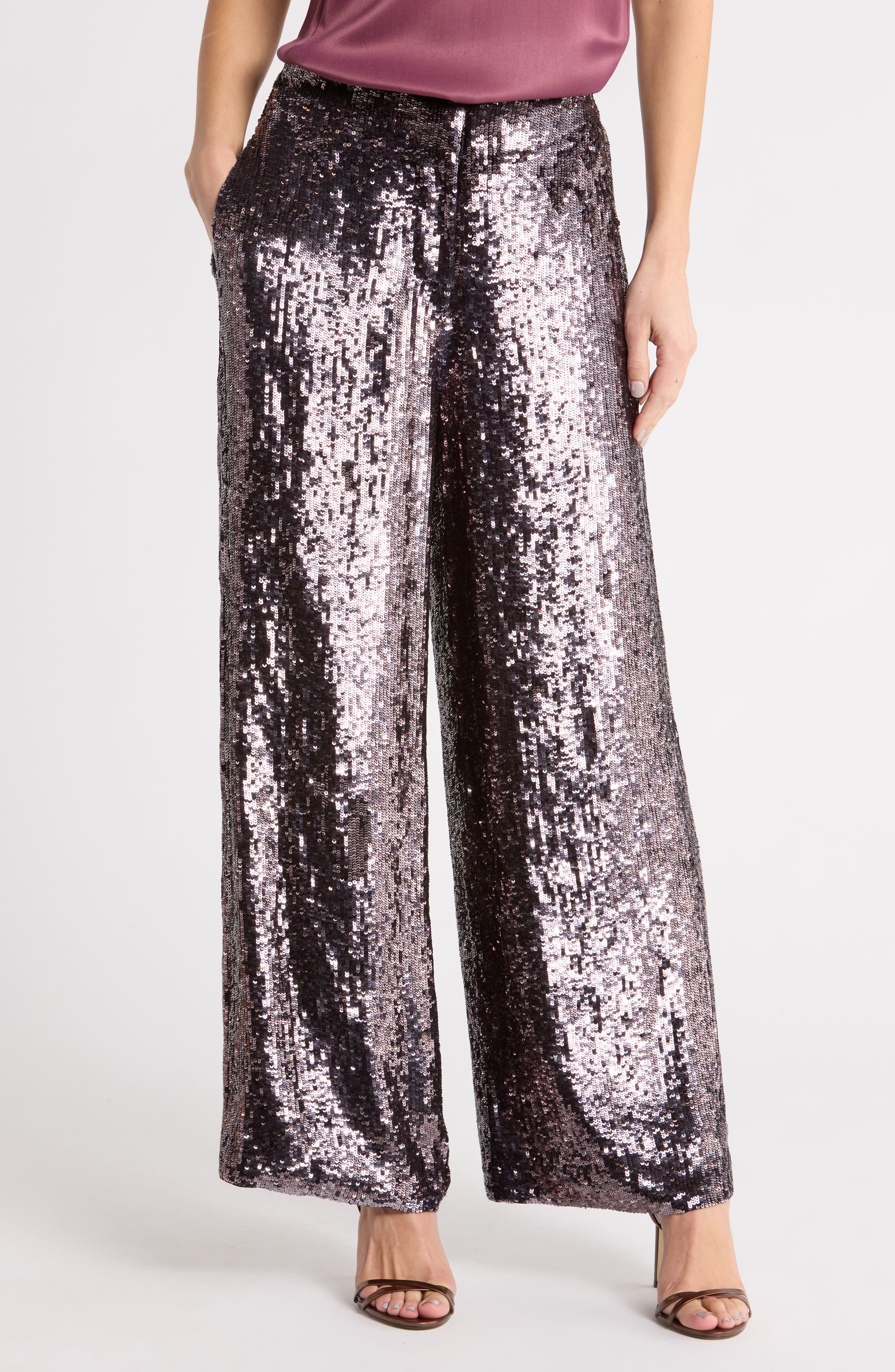Adieu for Now High Waist Wide Leg Sequin Silk Pants
