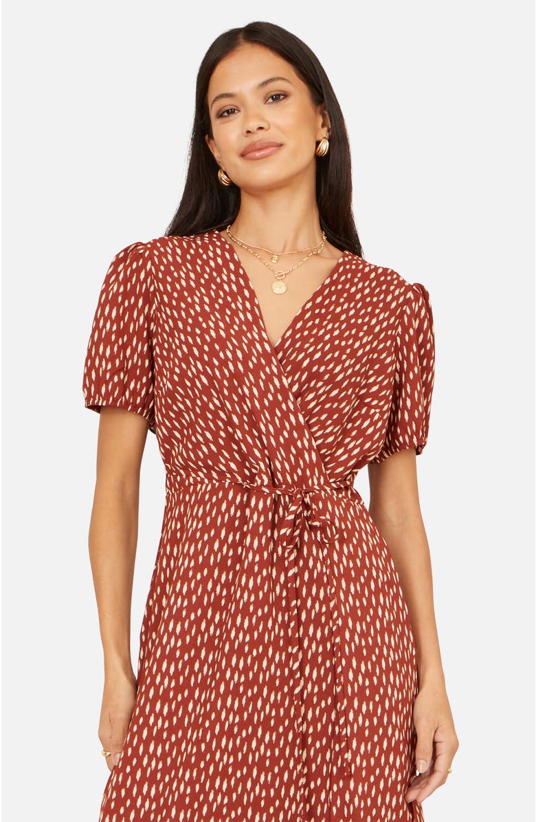 Yumi Spot Wrap Midi Dress, Alternate, color, Brown