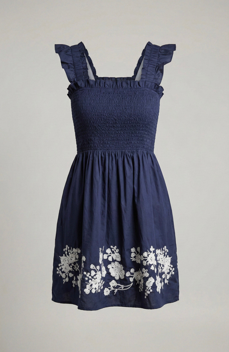 Modenaire Smocked Ruffle Strap Mini Dress with Floral Embroidery Hem, Alternate, color, Blue