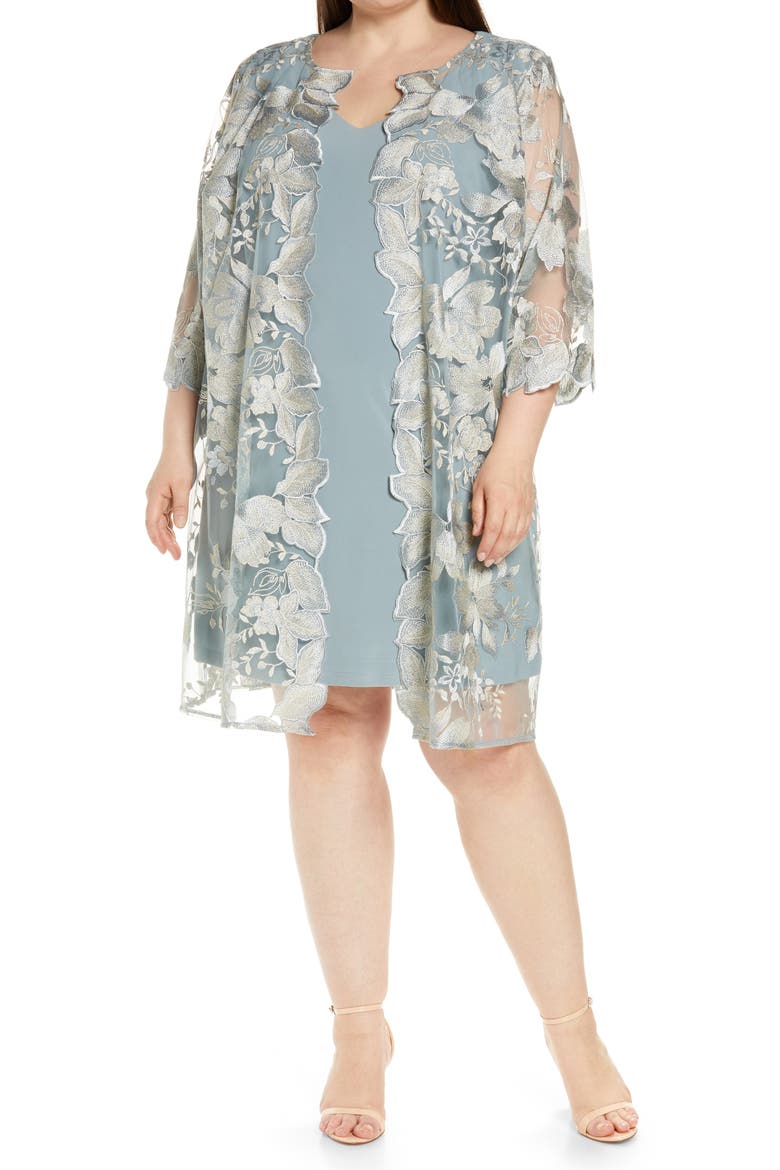Embroidered Lace Mock Jacket Cocktail Dress, Main, color, ICE SAGE