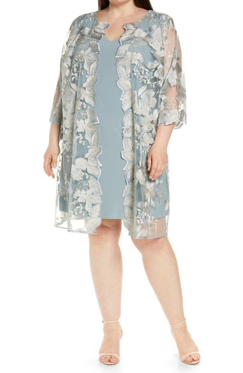 Embroidered Lace Mock Jacket Cocktail Dress (Plus Size)