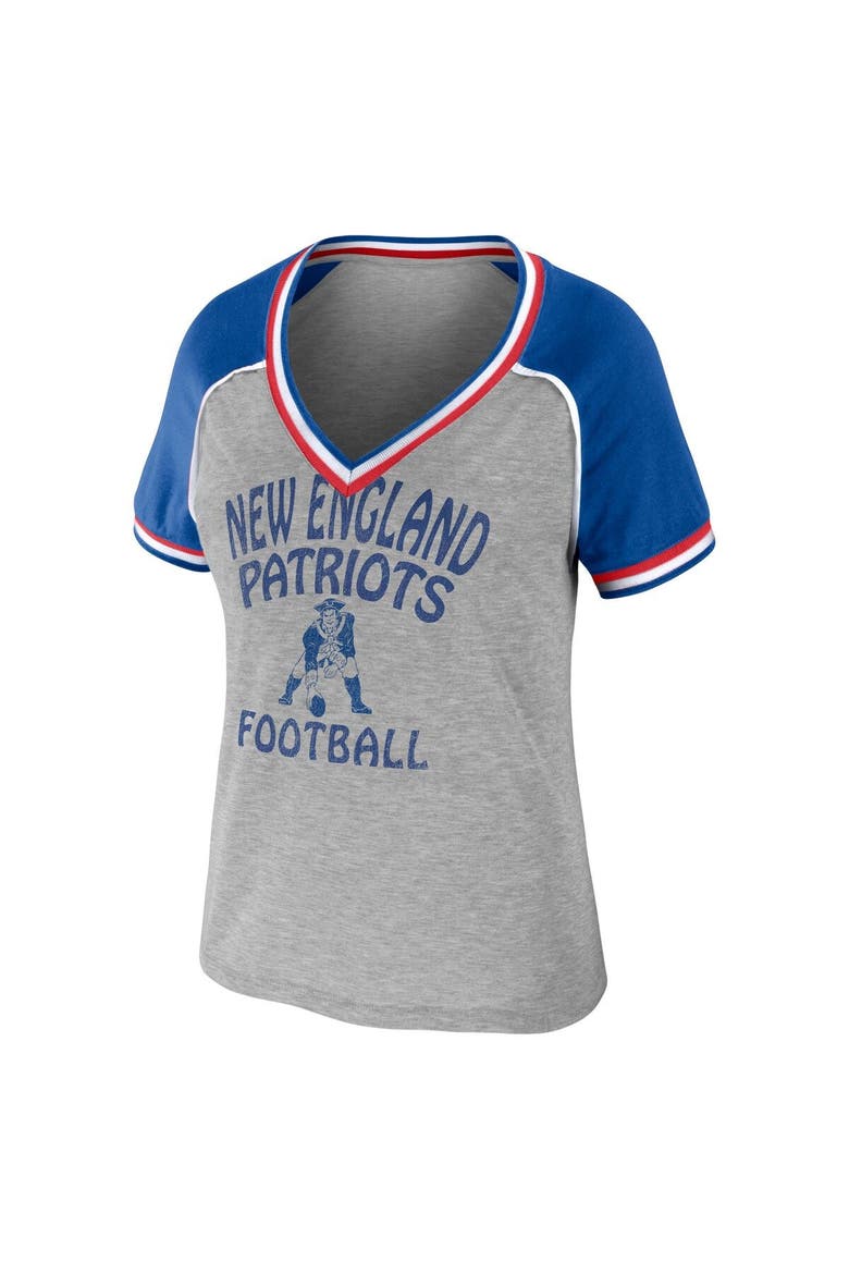 Women's WEAR by Erin Andrews Heather Gray New England Patriots Cropped Raglan Throwback V-Neck T-Shirt, Alternate, color, Heather Gray