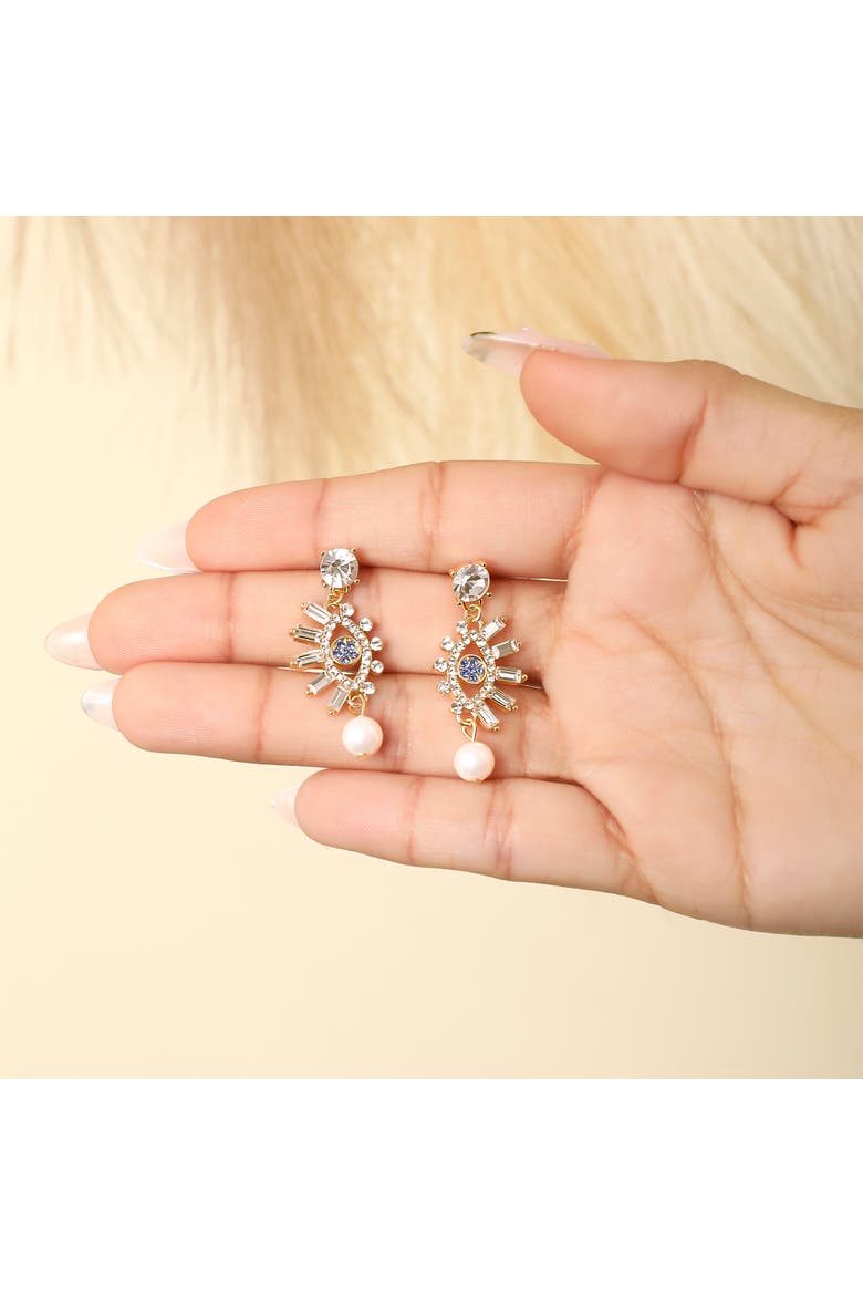Evil Eye Dangle Earrings with Pearl & Rhinestones, Alternate, color, Gold, silver, blue