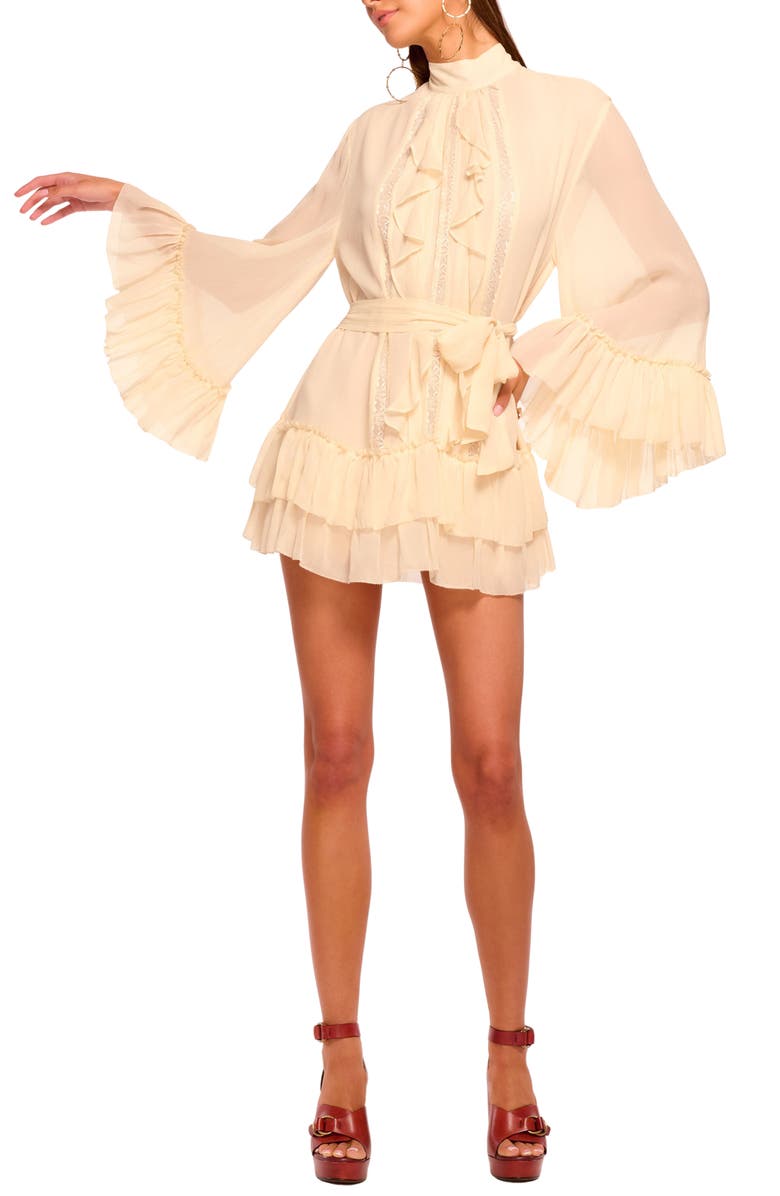 Ramy Brook Claudia Lace & Ruffle Detail Long Sleeve Silk Minidress, Alternate, color, Bone