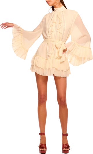 Claudia Lace & Ruffle Detail Long Sleeve Silk Minidress