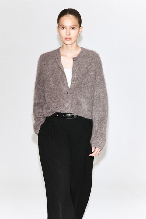 Brushed-Cashmere Crew-Neck Cardigan