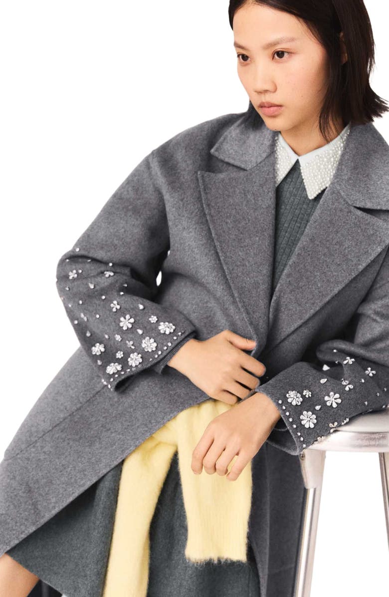 maje Long double-faced rhinestone coat, Alternate, color, Grey
