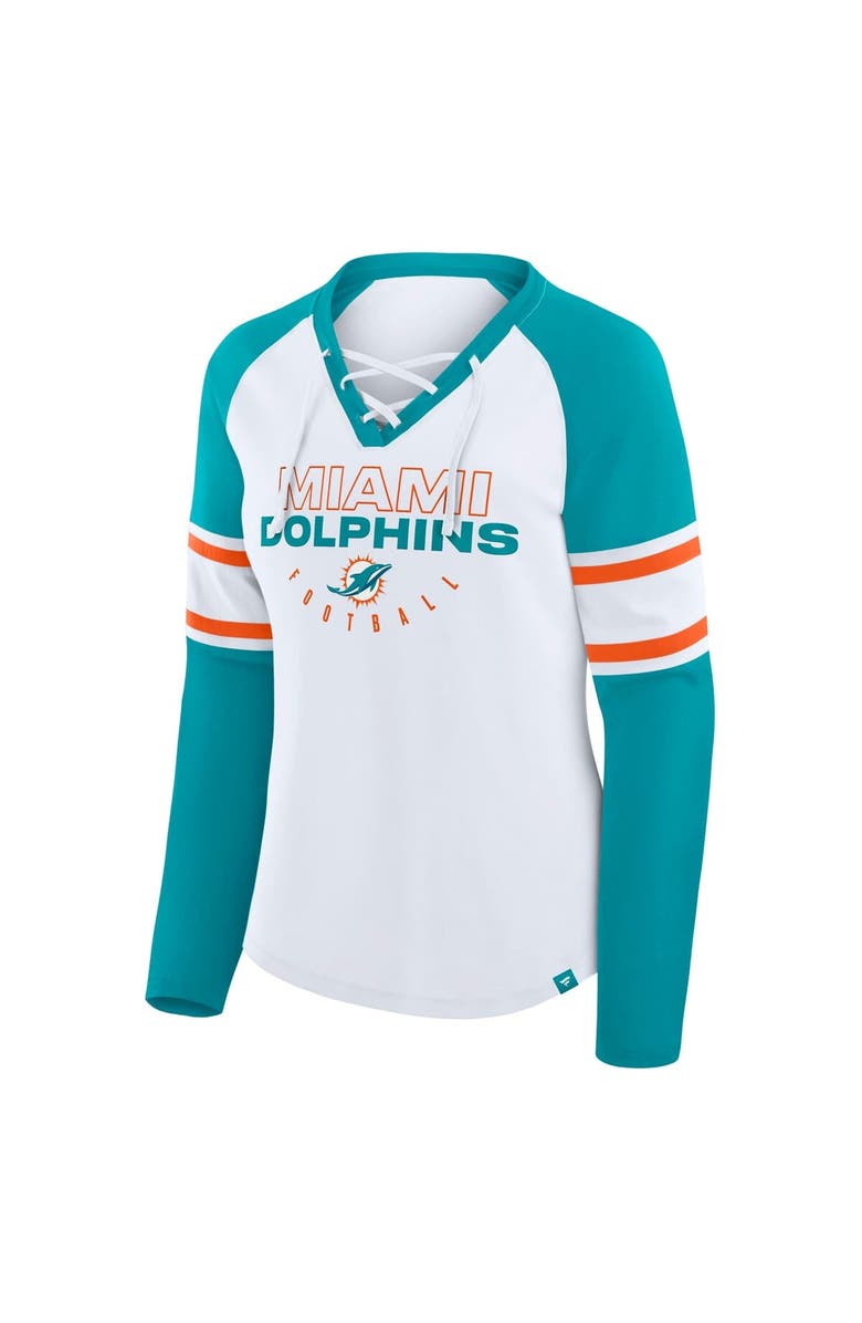FANATICS Women's Fanatics White/Aqua Miami Dolphins Redzone Blitz Package Raglan Lace-Up V-Neck Long Sleeve T-Shirt, Alternate, color, White