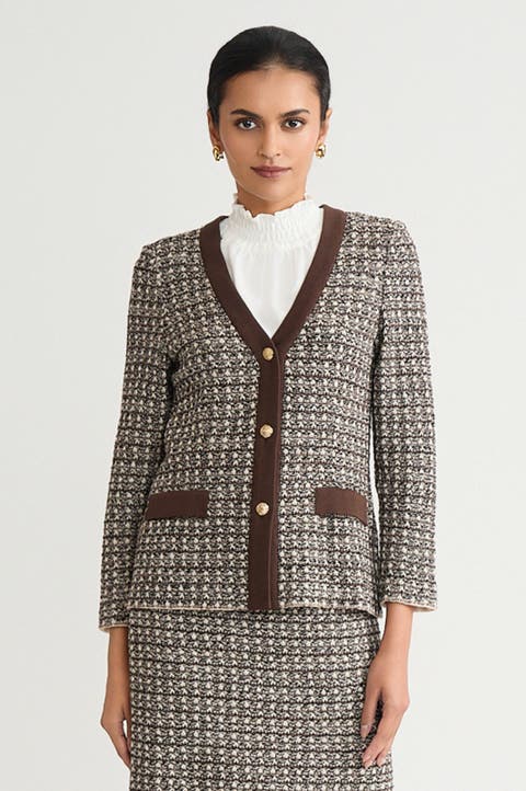 Tailored Contrast Trim Tweed Knit Jacket