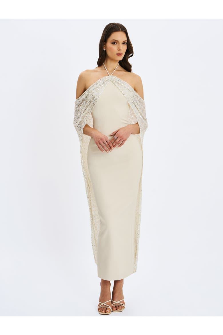 Quimera Beaded Cape Halter Off-Shoulder Maxi Gown, Alternate, color, Almond