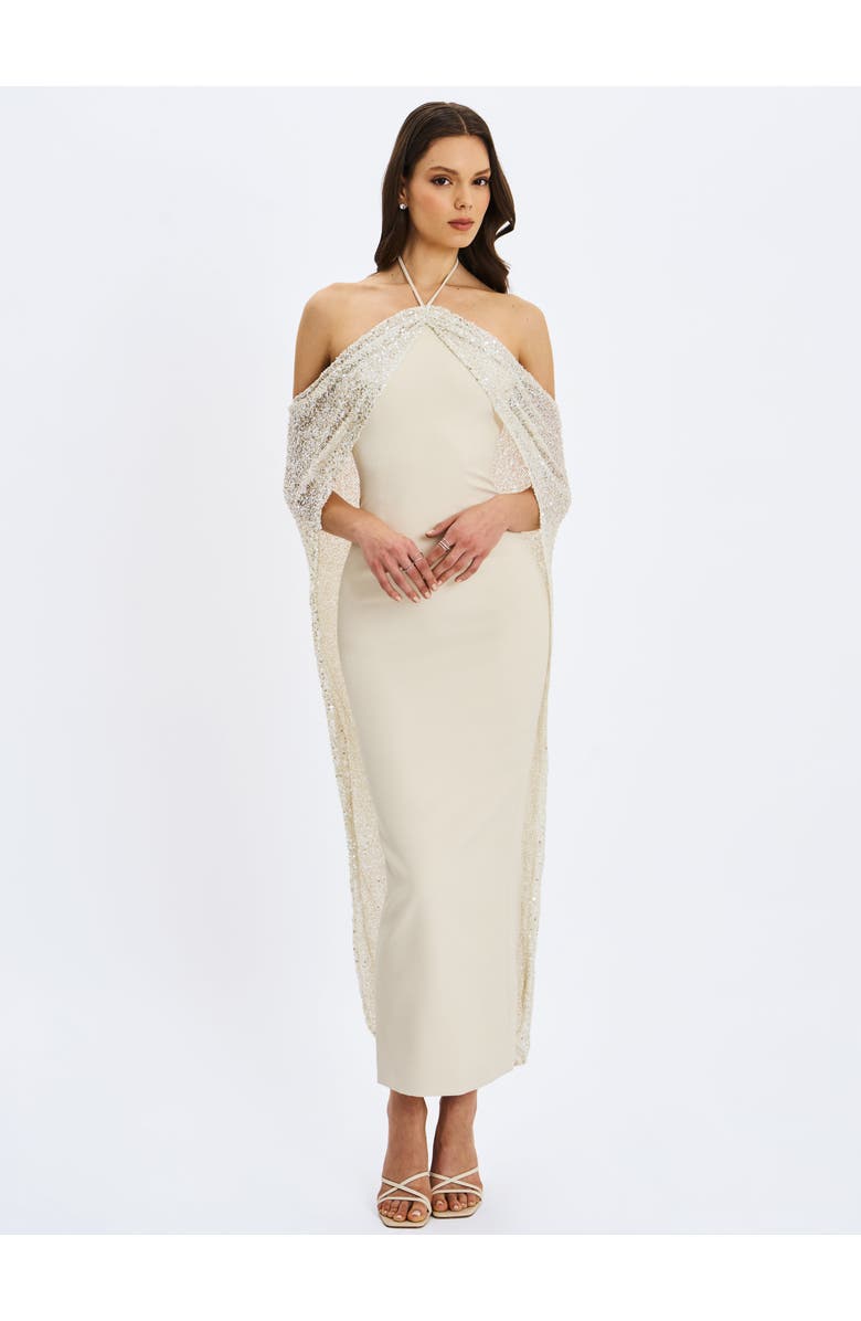 Miss Circle Quimera Beaded Cape Halter Off-Shoulder Maxi Gown, Alternate, color, Almond