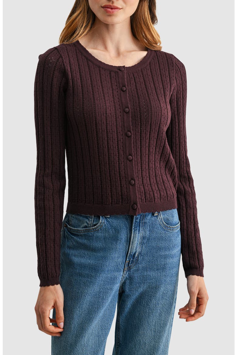 Pointelle Button Down Cardigan, Main, color, DARK BROWN