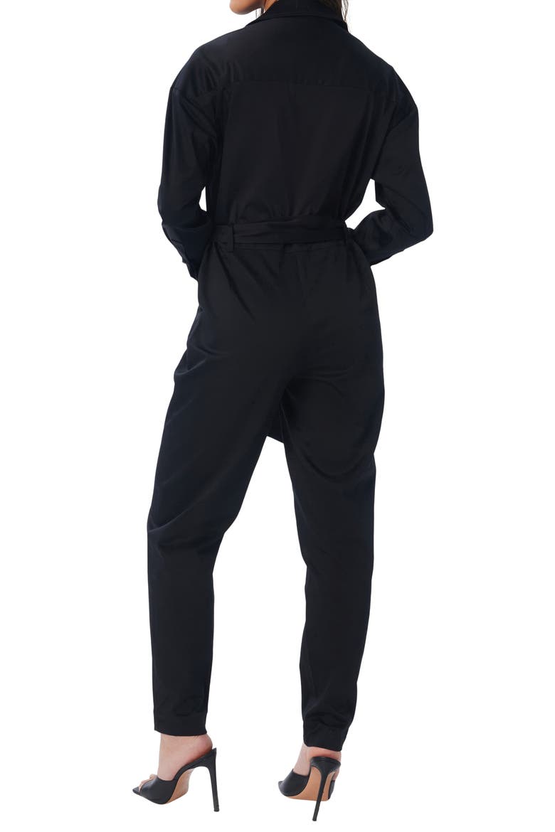 Born Free Half-Zip Long Sleeve Belted Stretch Cotton Jumpsuit, Alternate, color, BLACK