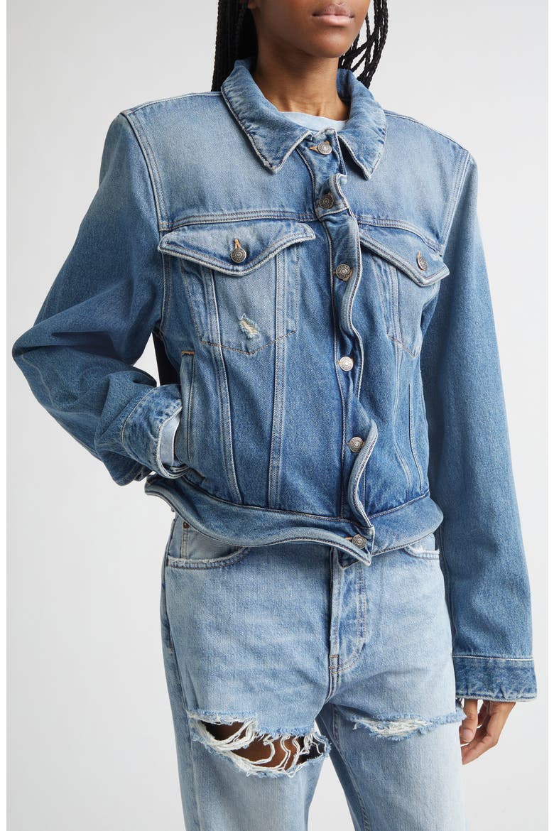 Wavy Distressed Denim Jacket, Alternate, color, MID BLUE