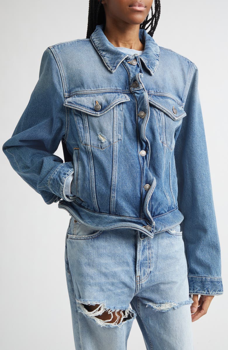 Acne Studios Wavy Distressed Denim Jacket, Alternate, color, Mid Blue