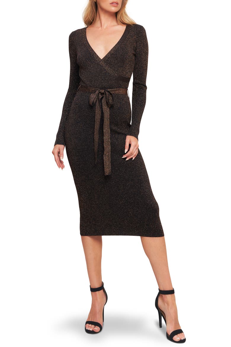 Long Sleeve Metallic Rib Midi Dress, Main, color, BLACK BRONZE