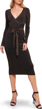 FLYING TOMATO Long Sleeve Metallic Rib Midi Dress