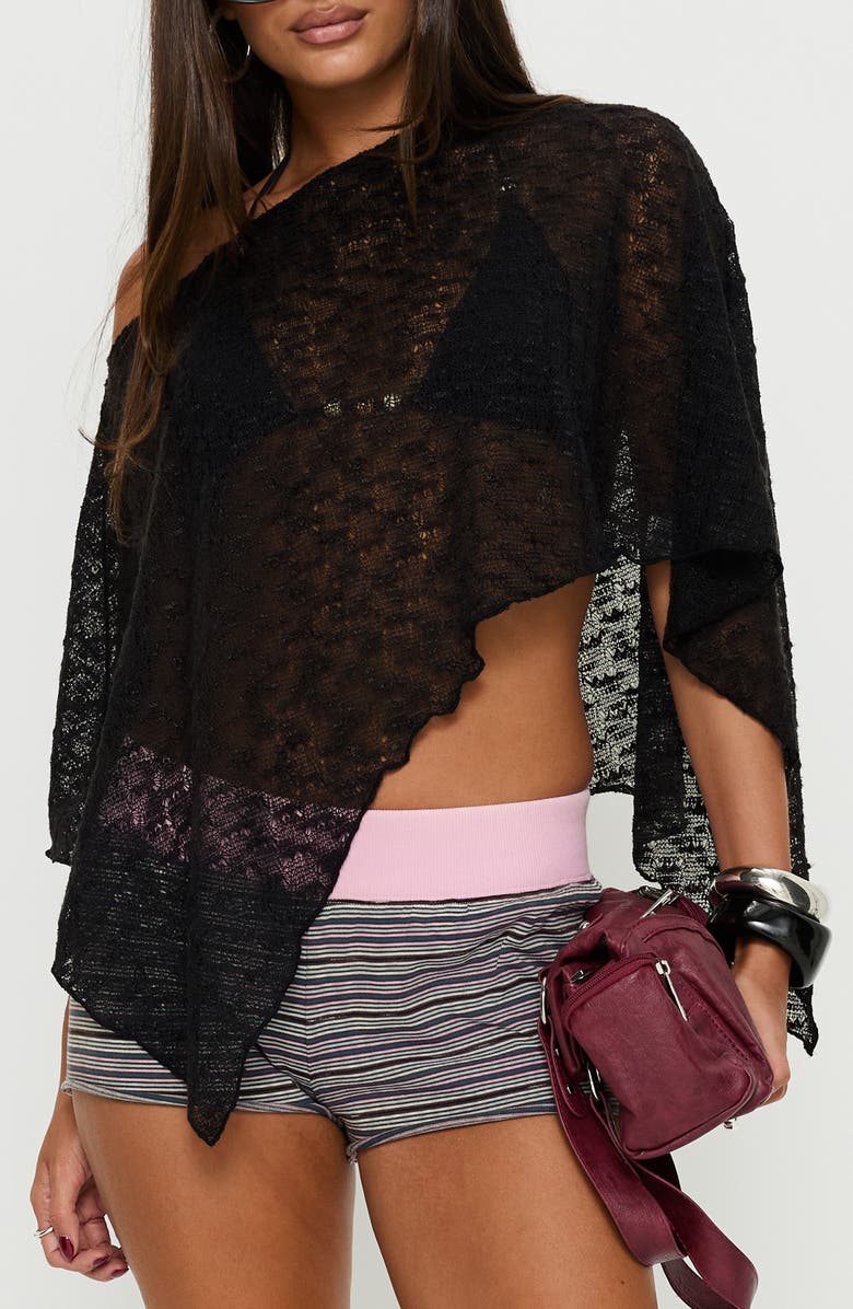 Princess Polly Nelinda Sheer One-Shoulder Poncho, Main, color, Black