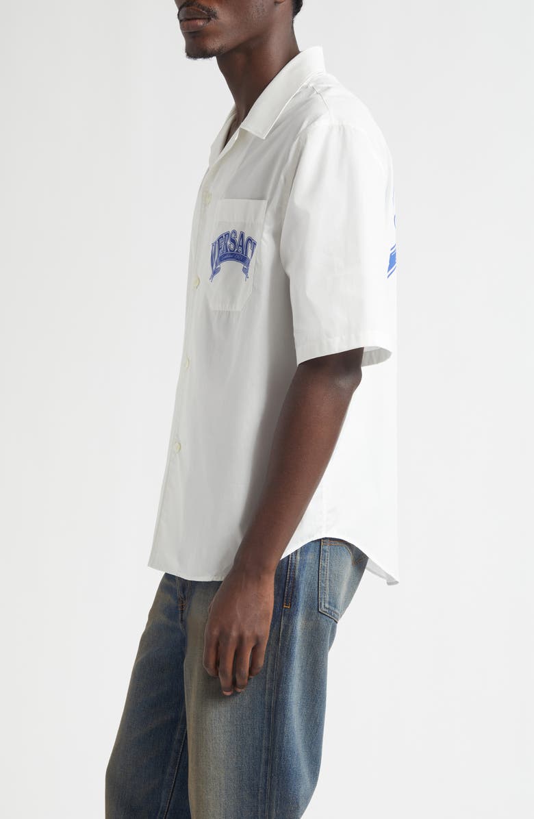 Versace Medusa Logo Cotton Poplin Camp Shirt, Alternate, color, White Print