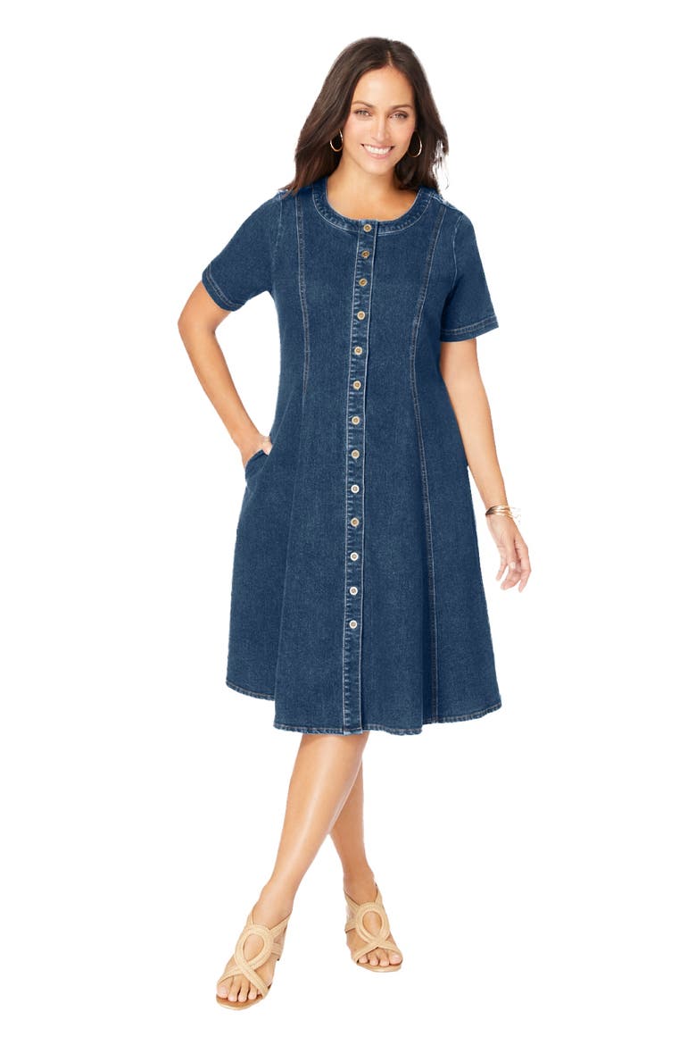 Button Front Denim Dress, Main, color, MEDIUM STONEWASH