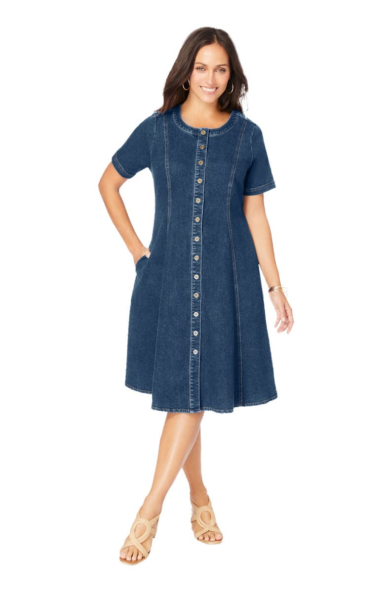 Jessica London Button Front Denim Dress, Main, color, Medium Stonewash