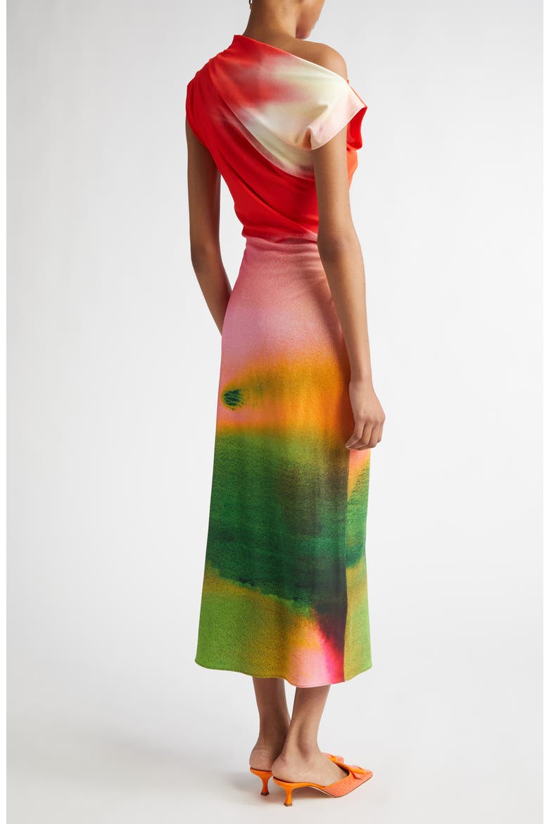 Abstract Watercolor One Shoulder Jersey Midi Dress, Alternate, color, VERMILLION MULT