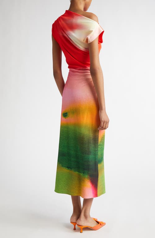 Oscar De La Renta Abstract Watercolor One Shoulder Jersey Midi Dress In Multi