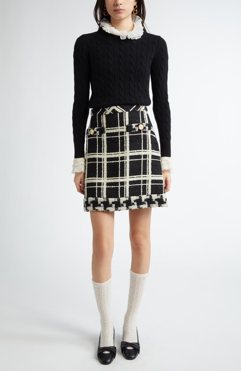 Valentino Garavani Ruffle Cuff Cable Cashmere Sweater, Alternate, color, Ivory/ Black