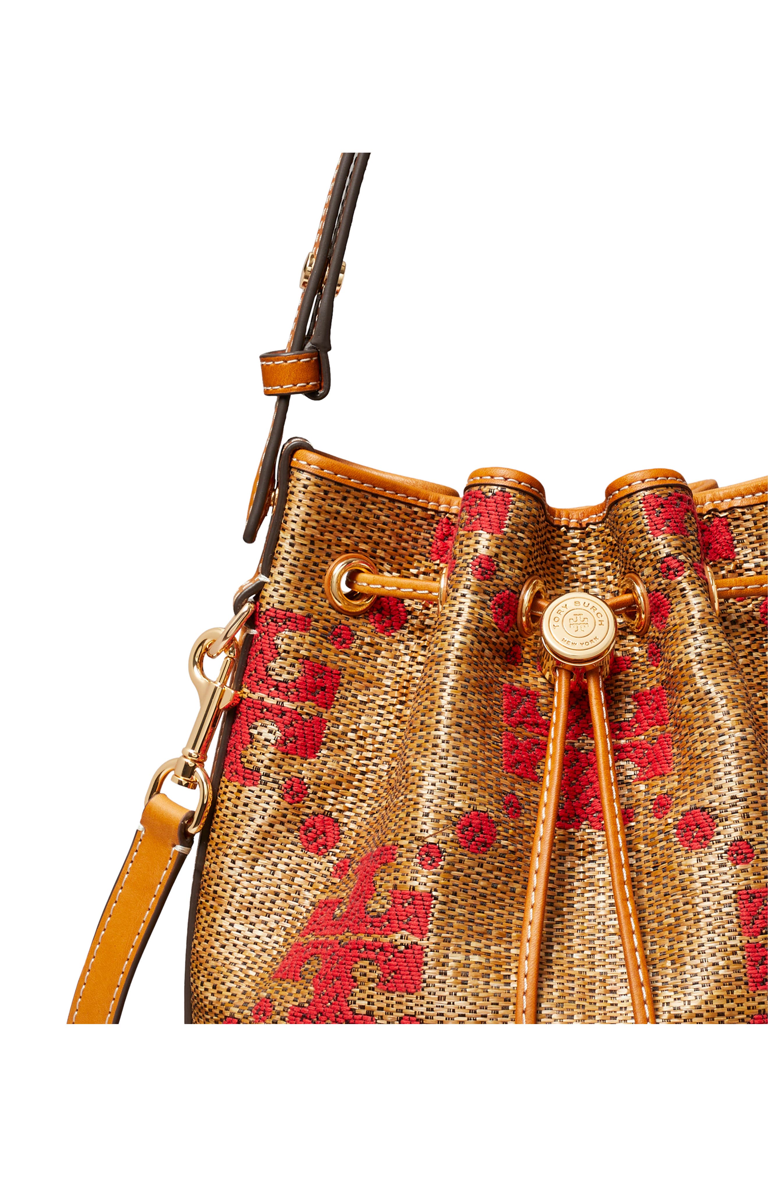 Tory Burch T Monogram Straw Bucket Bag, Alternate, color, Natural