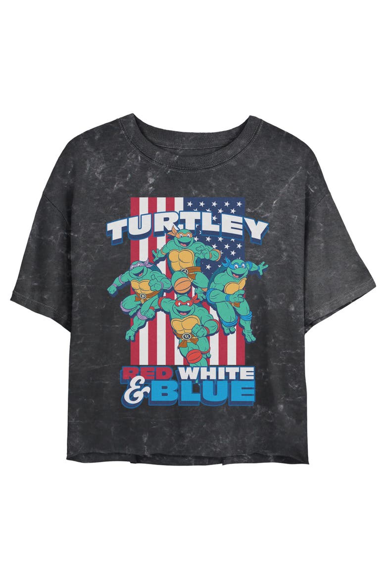 Junior's American Red White and Blue Turtley Short Sleeve Cropped T-Shirt, Main, color, Black