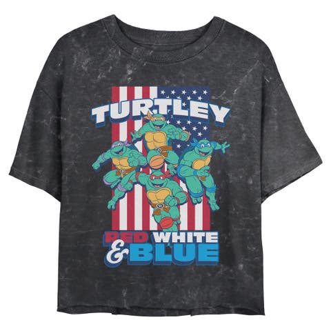 Junior's American Red White and Blue Turtley Short Sleeve Cropped T-Shirt