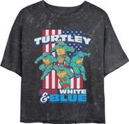 TEENAGE MUTANT NINJA TURTLES Junior's American Red White and Blue Turtley Short Sleeve Cropped T-Shirt