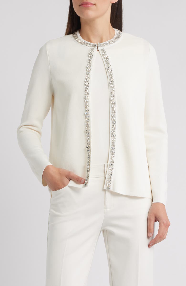 Anne Klein Rhinestone Trim Cardigan, Main, color, White Dove