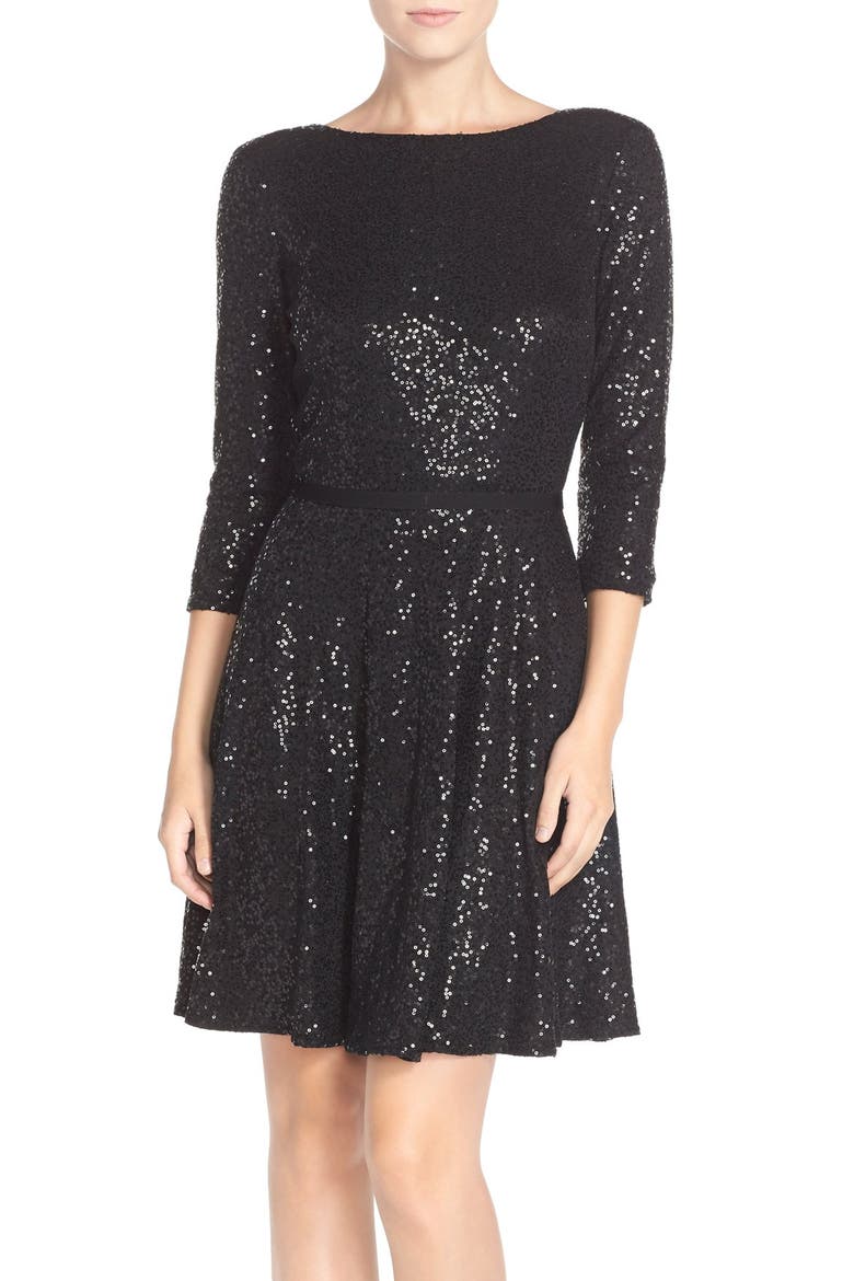 Sequin Jersey Fit & Flare Dress, Main, color, BLACK