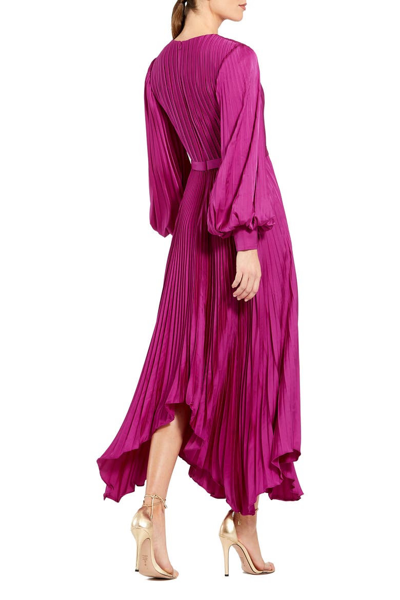 Women's Pleated Charmeuse Midi Dress with Handkerchief Hem, Alternate, color, FUCHSIA