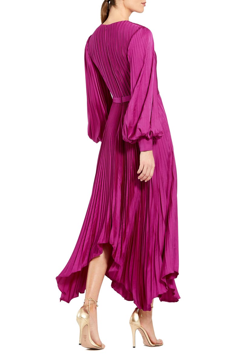 Mac Duggal Women's Pleated Charmeuse Midi Dress with Handkerchief Hem, Alternate, color, Fuchsia