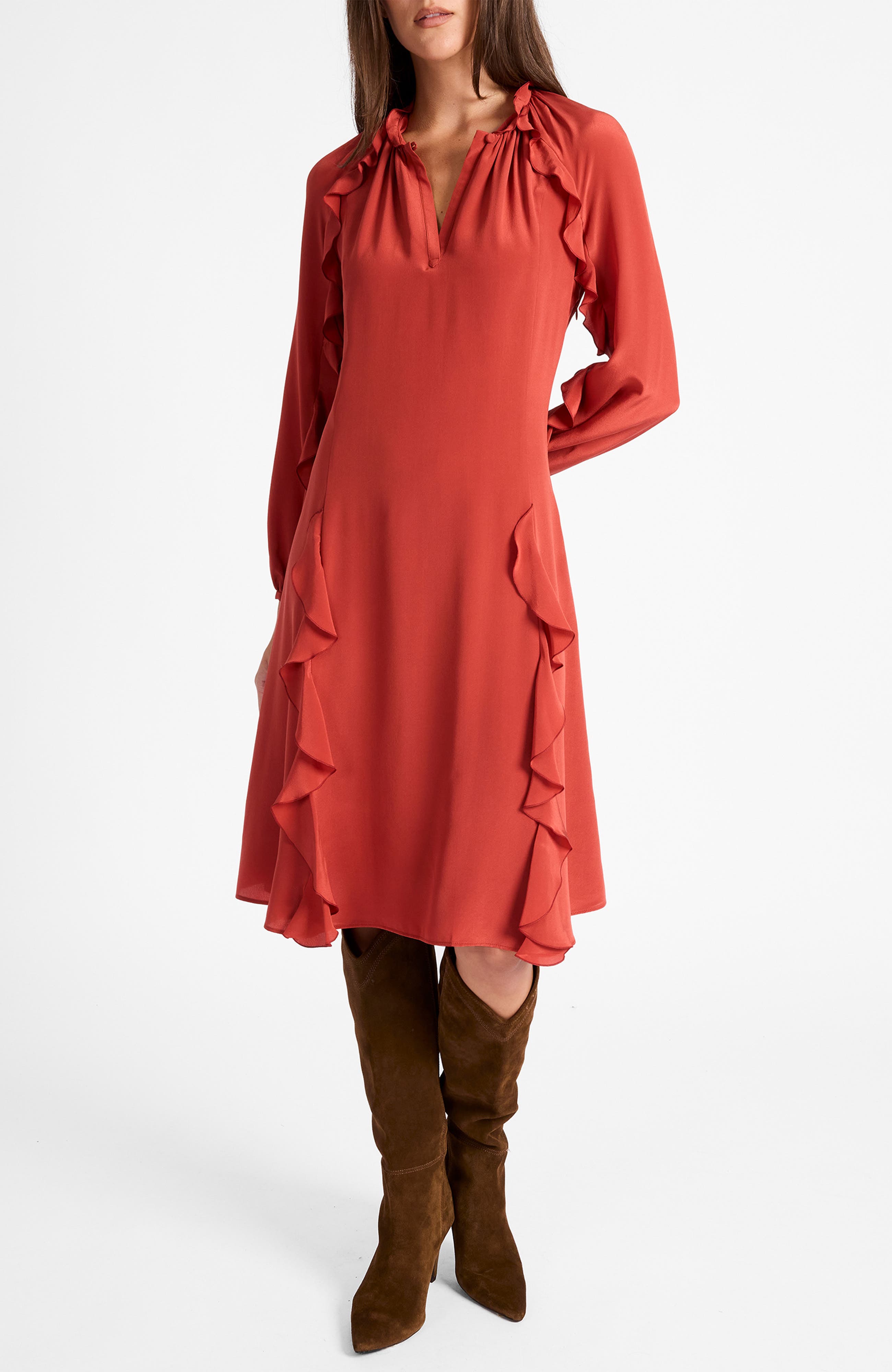 Jayda Silk Long Sleeve Ruffle Dress