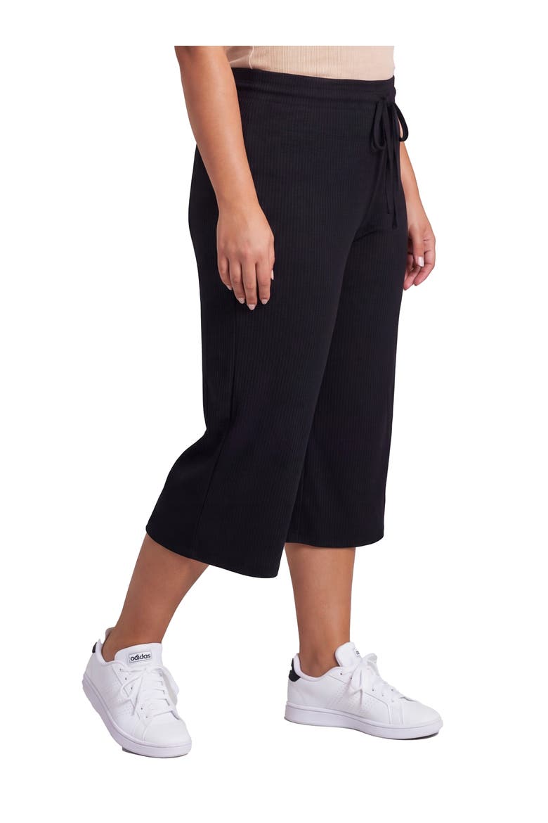 Curvy Basic Ribbed Knit Drawstring Flared Capri Pants, Alternate, color, Black