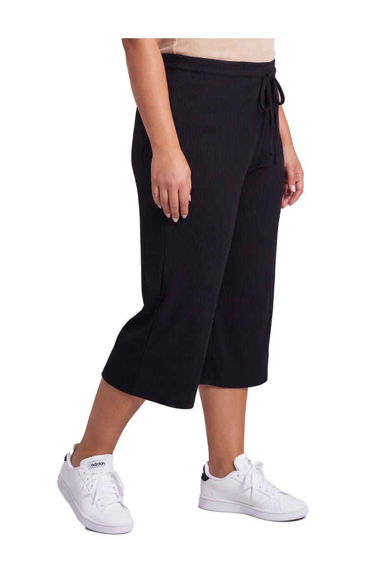 24seven Comfort Apparel Curvy Basic Ribbed Knit Drawstring Flared Capri Pants, Alternate, color, Black