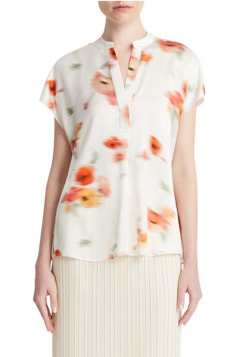 Poppy Blur Split Neck Silk Top