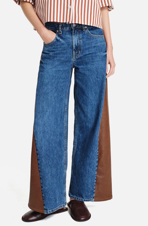 Ramblin Man Faux Leather Detail Wide Leg Jeans