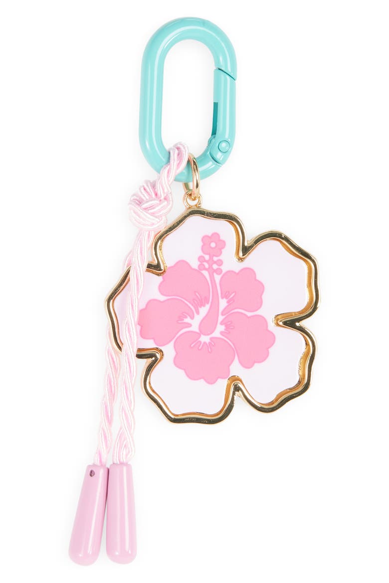 Painted Hibiscus Carabiner Clip Bag Charm, Main, color, PINK MULTI- GOLD