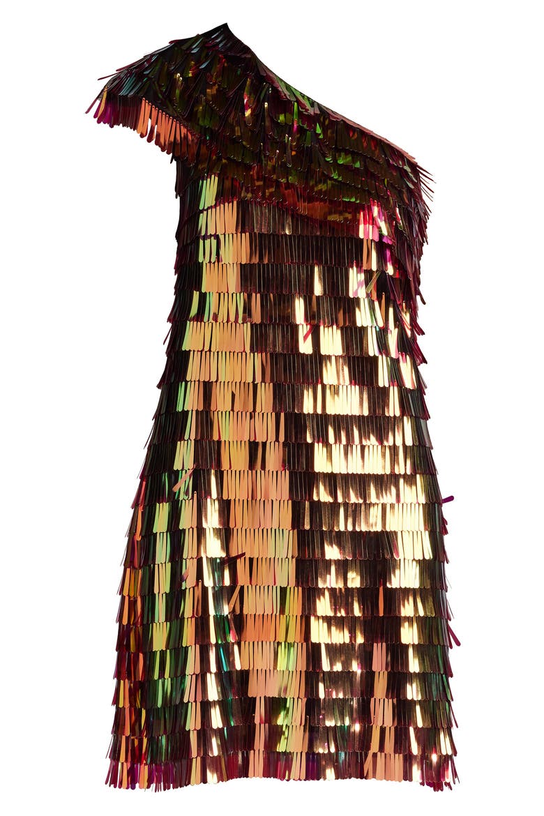 Sequin Fringe One-Shoulder Cocktail Minidress, Alternate, color, BRONZE SHIMMER