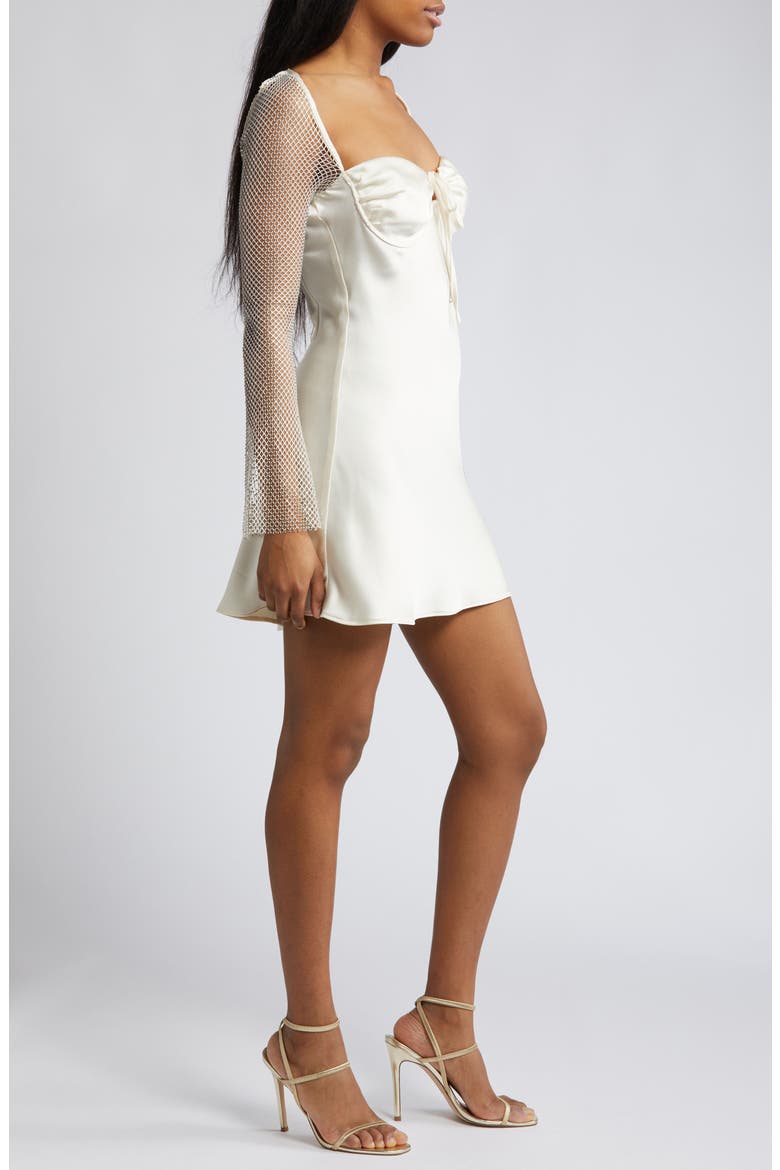 Diamante Long Sleeve Satin & Mesh Cocktail Minidress, Alternate, color, CREAM