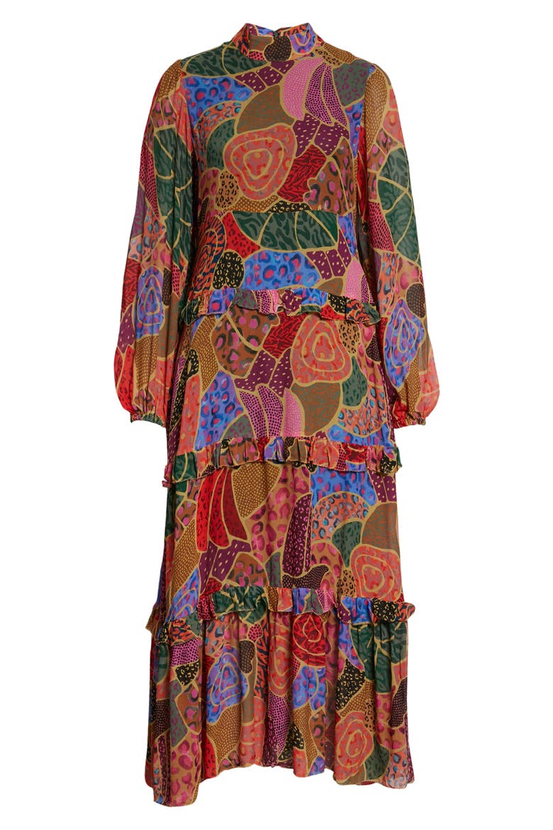 Hidden Animals Mock Neck Long Sleeve Tiered Dress, Alternate, color, HIDDEN ANIMALS